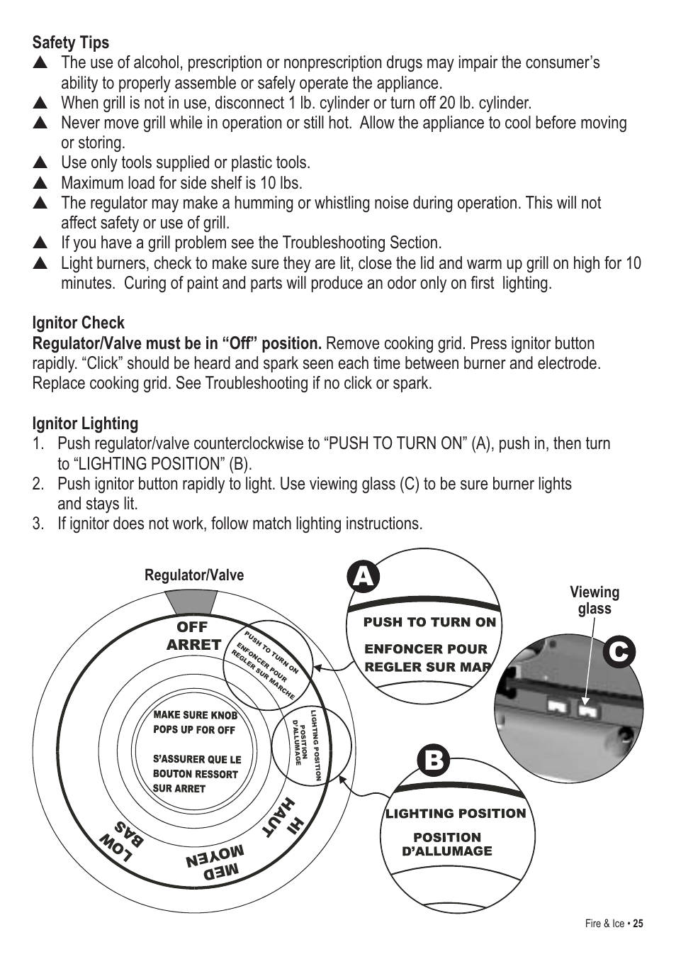 Ab c, Viewing glass regulator/valve, Off arret | Hi h au t med moy en lo w ba s | Thermos 465630003 User Manual | Page 25 / 32