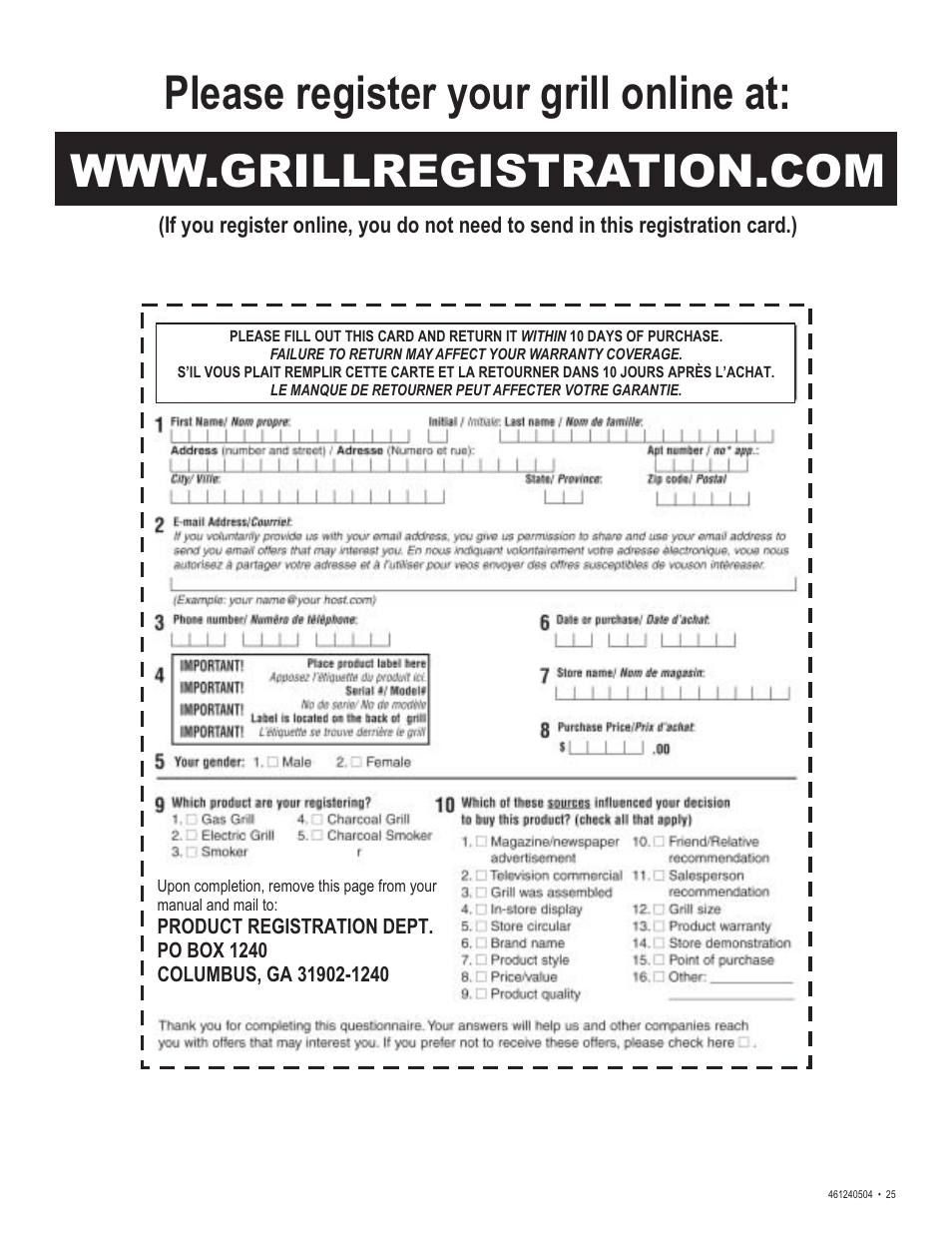 Please register your grill online at | Thermos 461240504 User Manual | Page 25 / 28