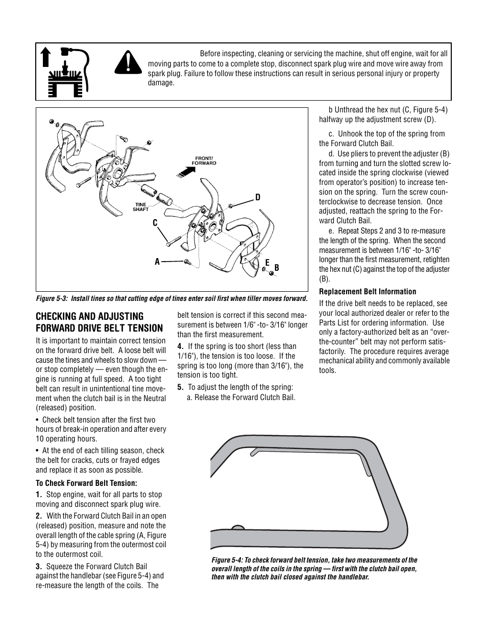 Checking and adjusting forward drive belt tension | Troy-Bilt 634F--Bronco User Manual | Page 19 / 23