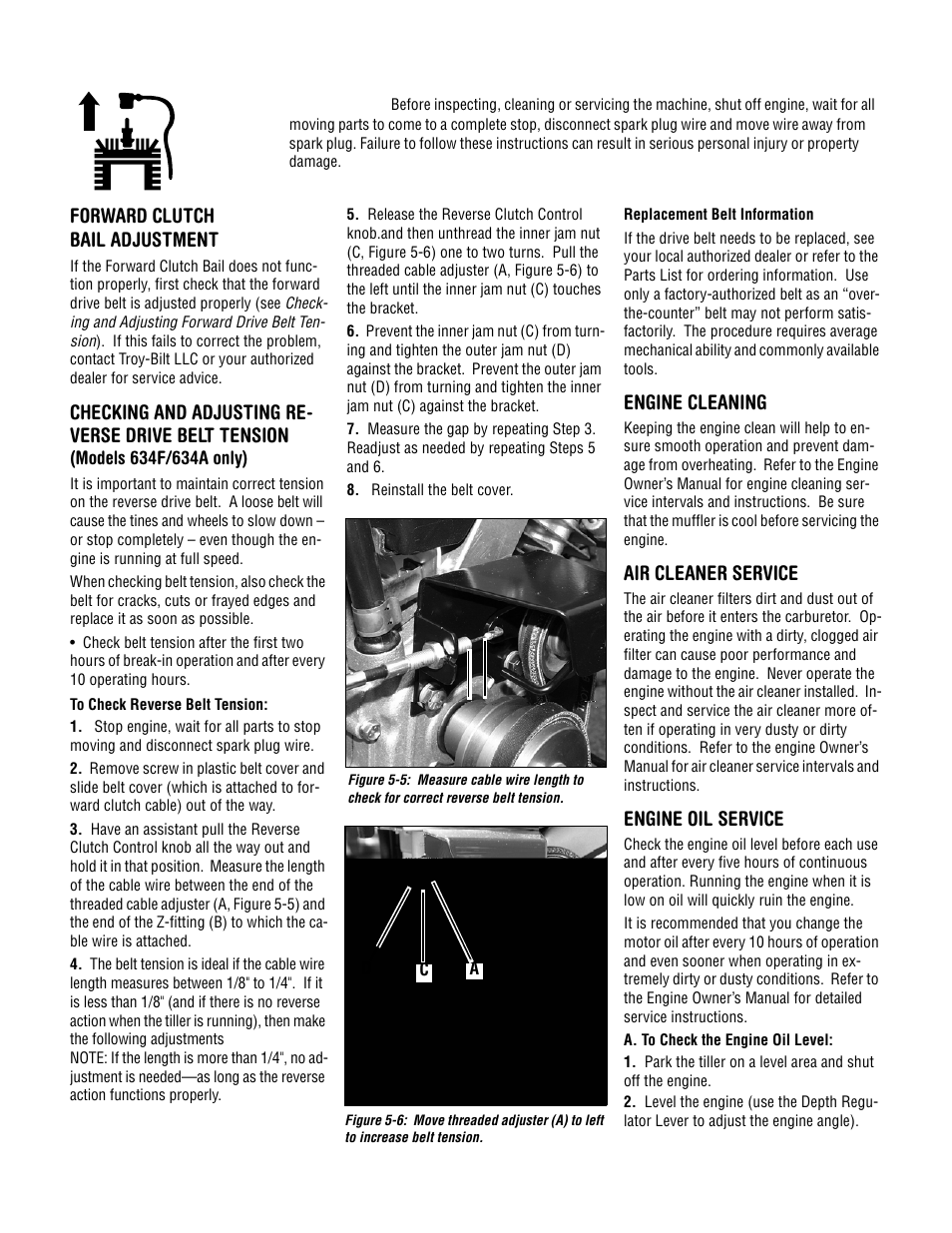 Forward clutch bail adjustment, Engine cleaning, Air cleaner service | Engine oil service | Troy-Bilt 634F--Bronco User Manual | Page 20 / 23