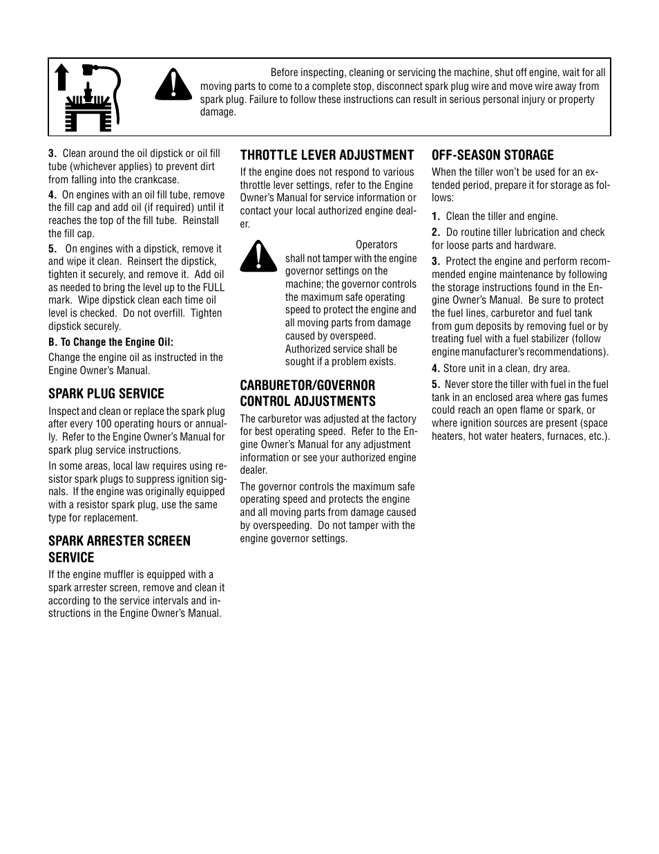 Spark plug service, Spark arrester screen service, Throttle lever adjustment | Carburetor/governor control adjustments, Off-season storage | Troy-Bilt 634F--Bronco User Manual | Page 21 / 23