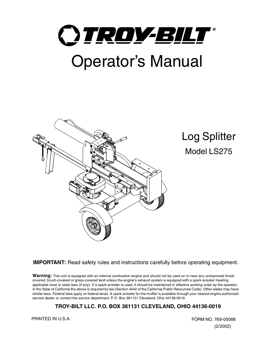 Troy-Bilt LS275 User Manual | 16 pages