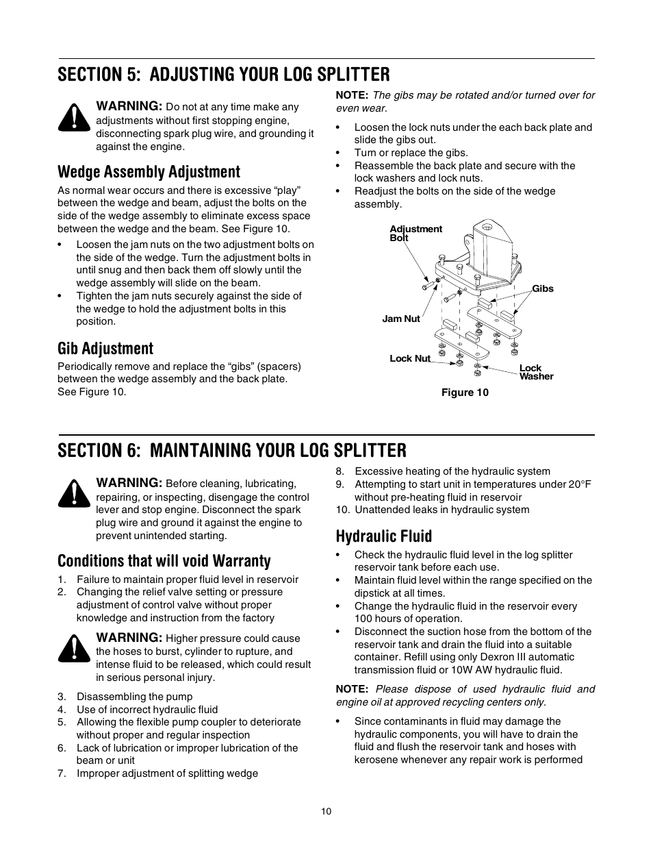 Wedge assembly adjustment, Gib adjustment, Conditions that will void warranty | Hydraulic fluid | Troy-Bilt LS275 User Manual | Page 10 / 16