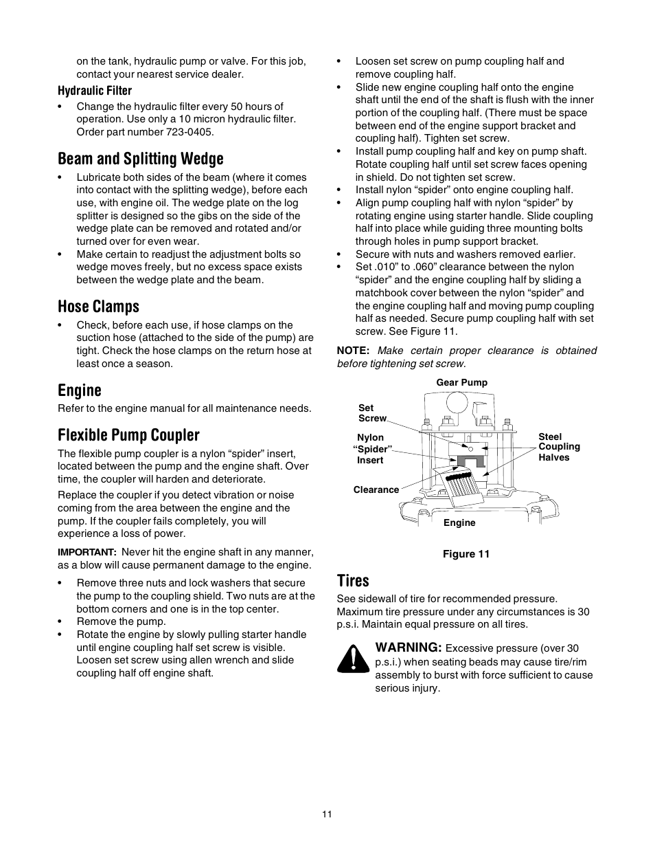 Beam and splitting wedge, Hose clamps, Engine | Flexible pump coupler, Tires | Troy-Bilt LS275 User Manual | Page 11 / 16