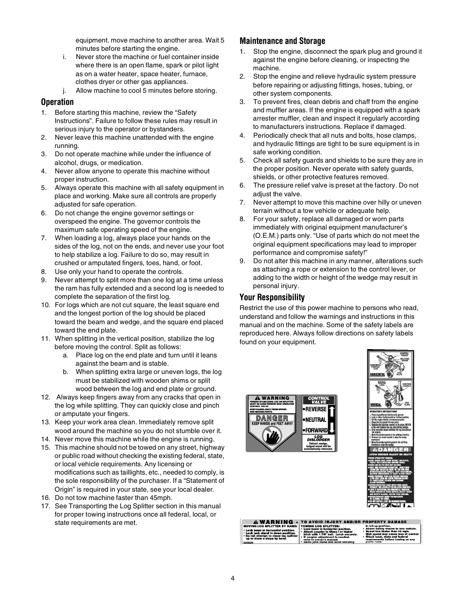 Operation, Maintenance and storage, Your responsibility | Troy-Bilt LS275 User Manual | Page 4 / 16