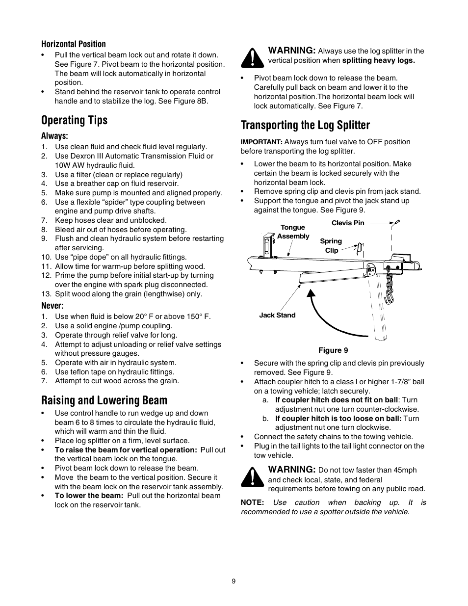 Operating tips, Raising and lowering beam, Transporting the log splitter | Troy-Bilt LS275 User Manual | Page 9 / 16