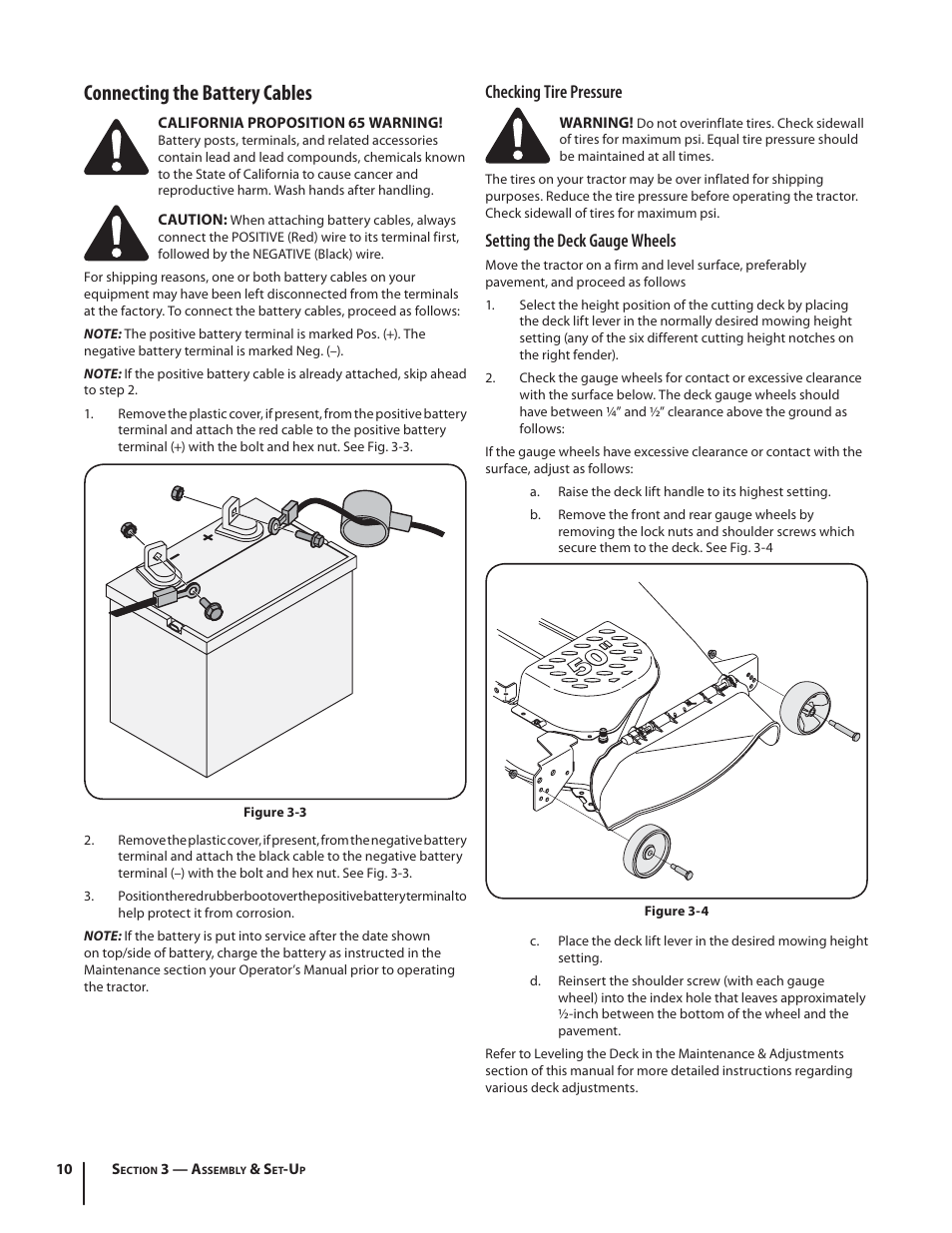 Connecting the battery cables, Checking tire pressure, Setting the deck gauge wheels | Troy-Bilt TB2450 User Manual | Page 10 / 36
