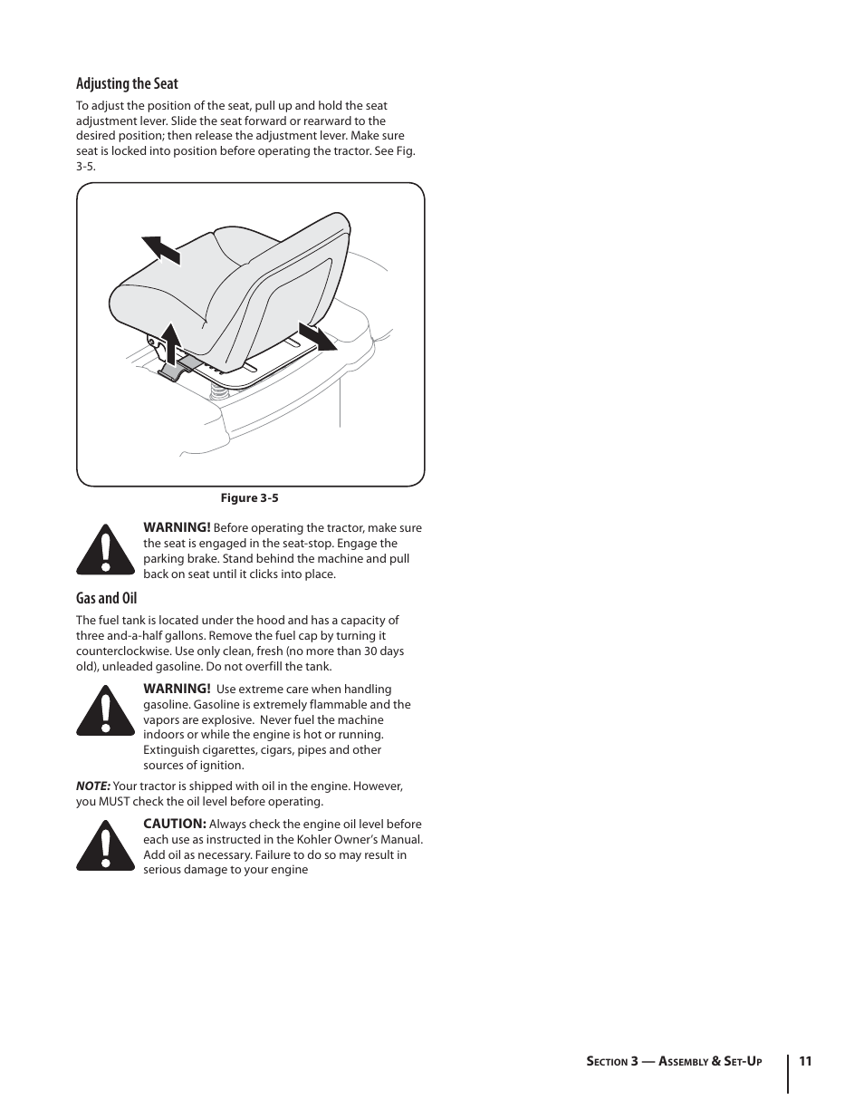 Adjusting the seat, Gas and oil | Troy-Bilt TB2450 User Manual | Page 11 / 36
