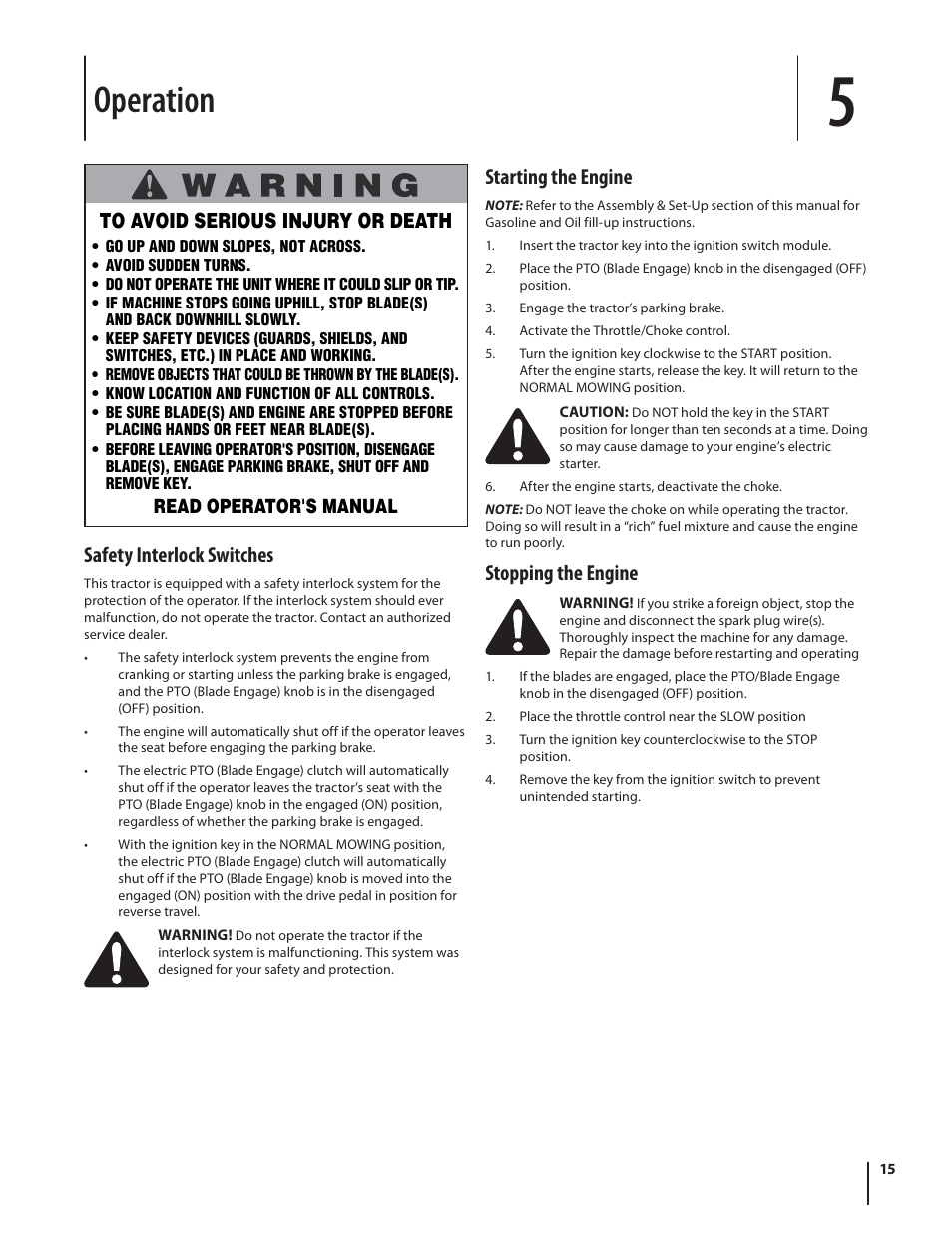 Operation, Safety interlock switches, Starting the engine | Stopping the engine | Troy-Bilt TB2450 User Manual | Page 15 / 36