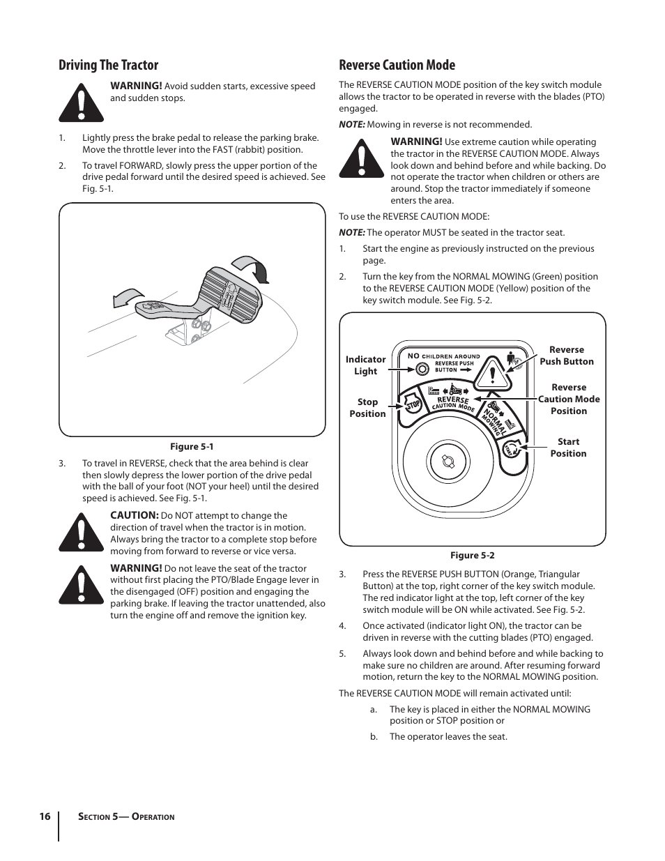 Driving the tractor, Reverse caution mode | Troy-Bilt TB2450 User Manual | Page 16 / 36