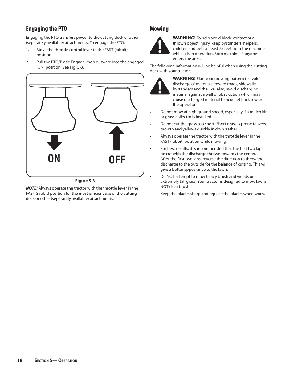 On off, Engaging the pto, Mowing | Troy-Bilt TB2450 User Manual | Page 18 / 36