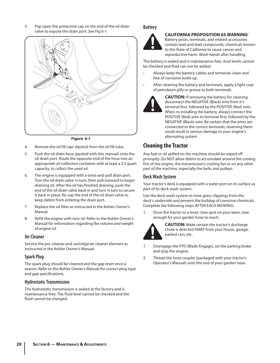 Cleaning the tractor, Air cleaner, Spark plug | Hydrostatic transmission, Battery, Deck wash system | Troy-Bilt TB2450 User Manual | Page 20 / 36