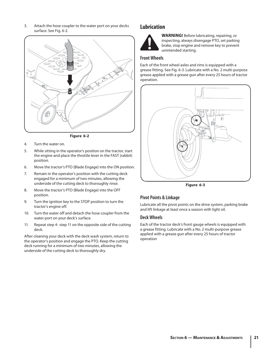 Lubrication, Front wheels, Pivot points & linkage | Deck wheels | Troy-Bilt TB2450 User Manual | Page 21 / 36