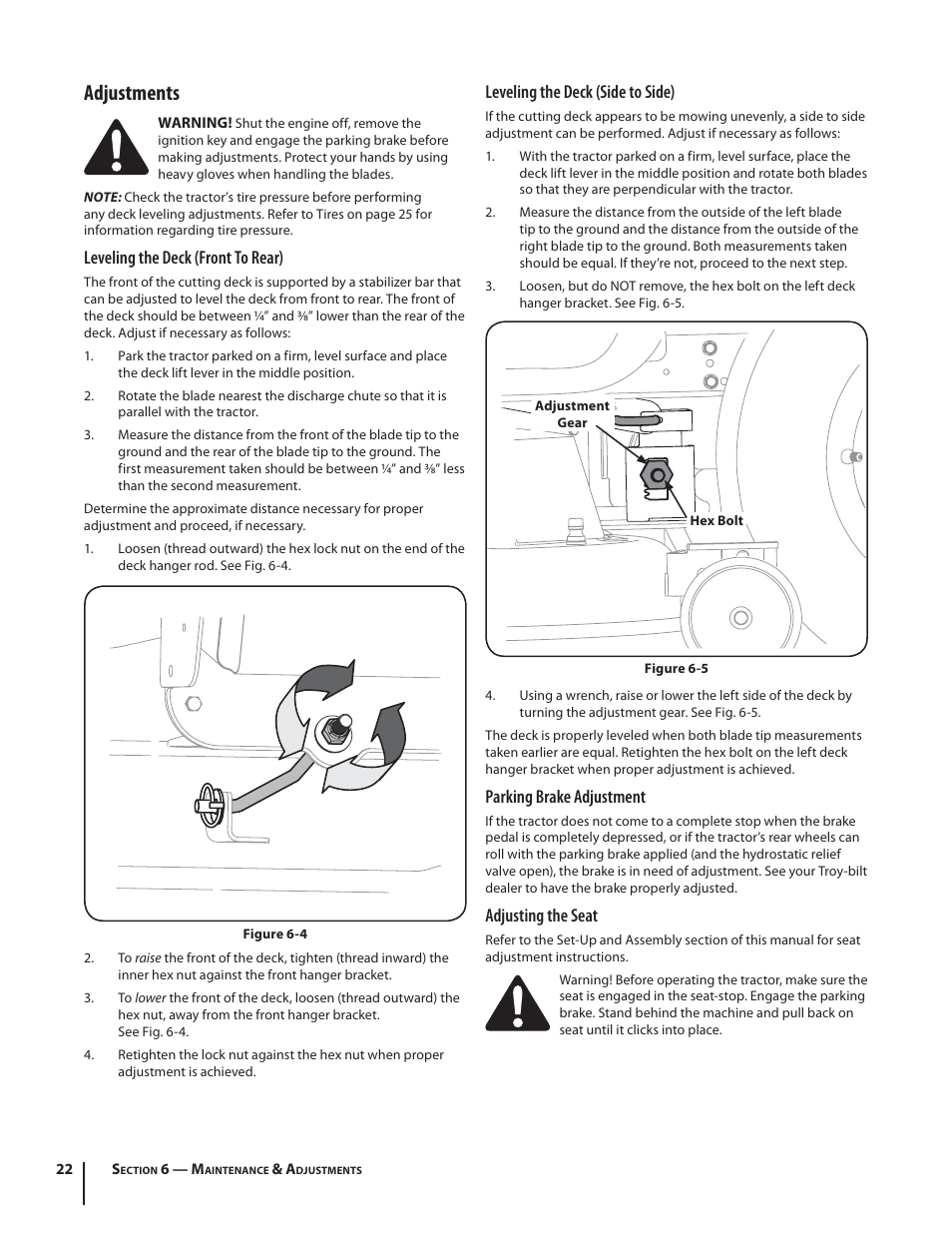 Adjustments, Leveling the deck (front to rear), Leveling the deck (side to side) | Parking brake adjustment, Adjusting the seat | Troy-Bilt TB2450 User Manual | Page 22 / 36