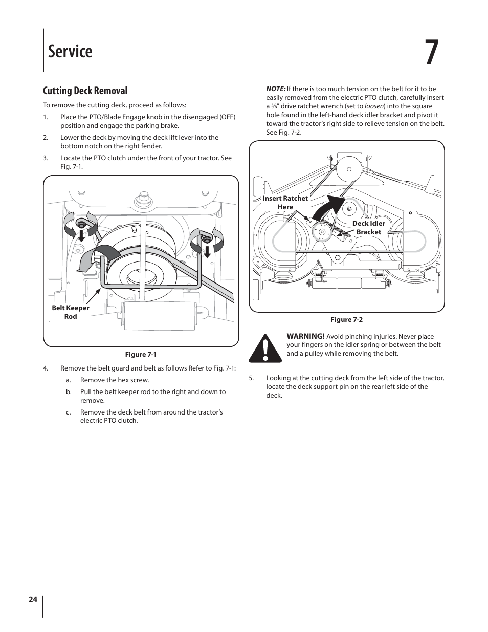 Service, Cutting deck removal | Troy-Bilt TB2450 User Manual | Page 24 / 36