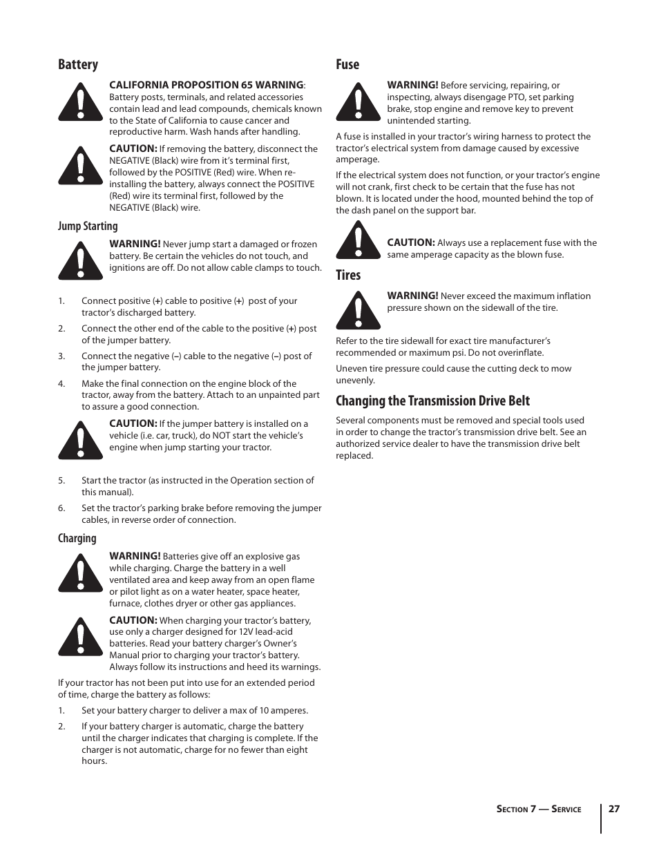 Battery, Fuse, Tires | Changing the transmission drive belt, Jump starting, Charging | Troy-Bilt TB2450 User Manual | Page 27 / 36