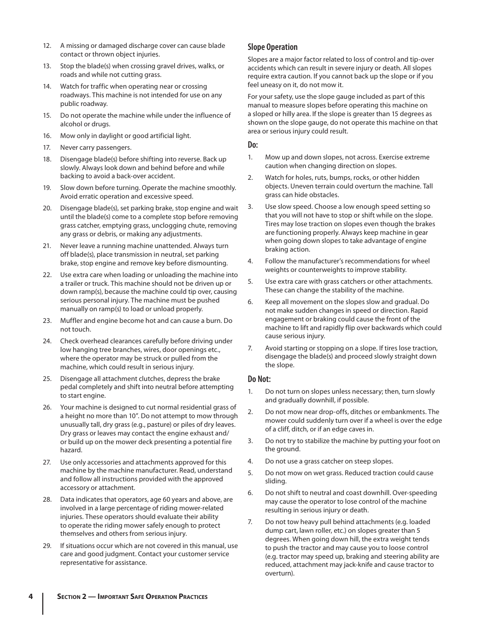 Slope operation, Do not | Troy-Bilt TB2450 User Manual | Page 4 / 36