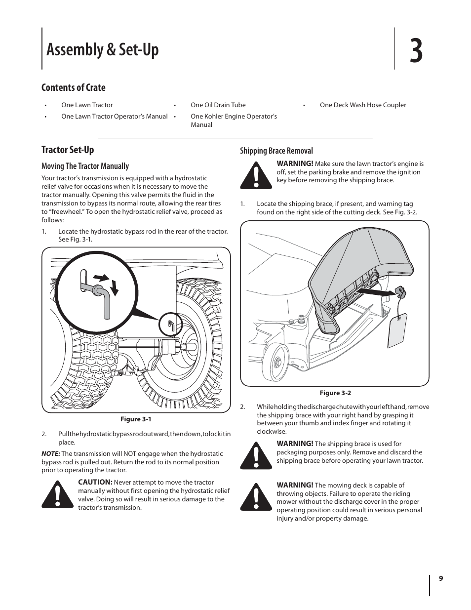 Assembly & set-up, Tractor set-up, Contents of crate | Troy-Bilt TB2450 User Manual | Page 9 / 36