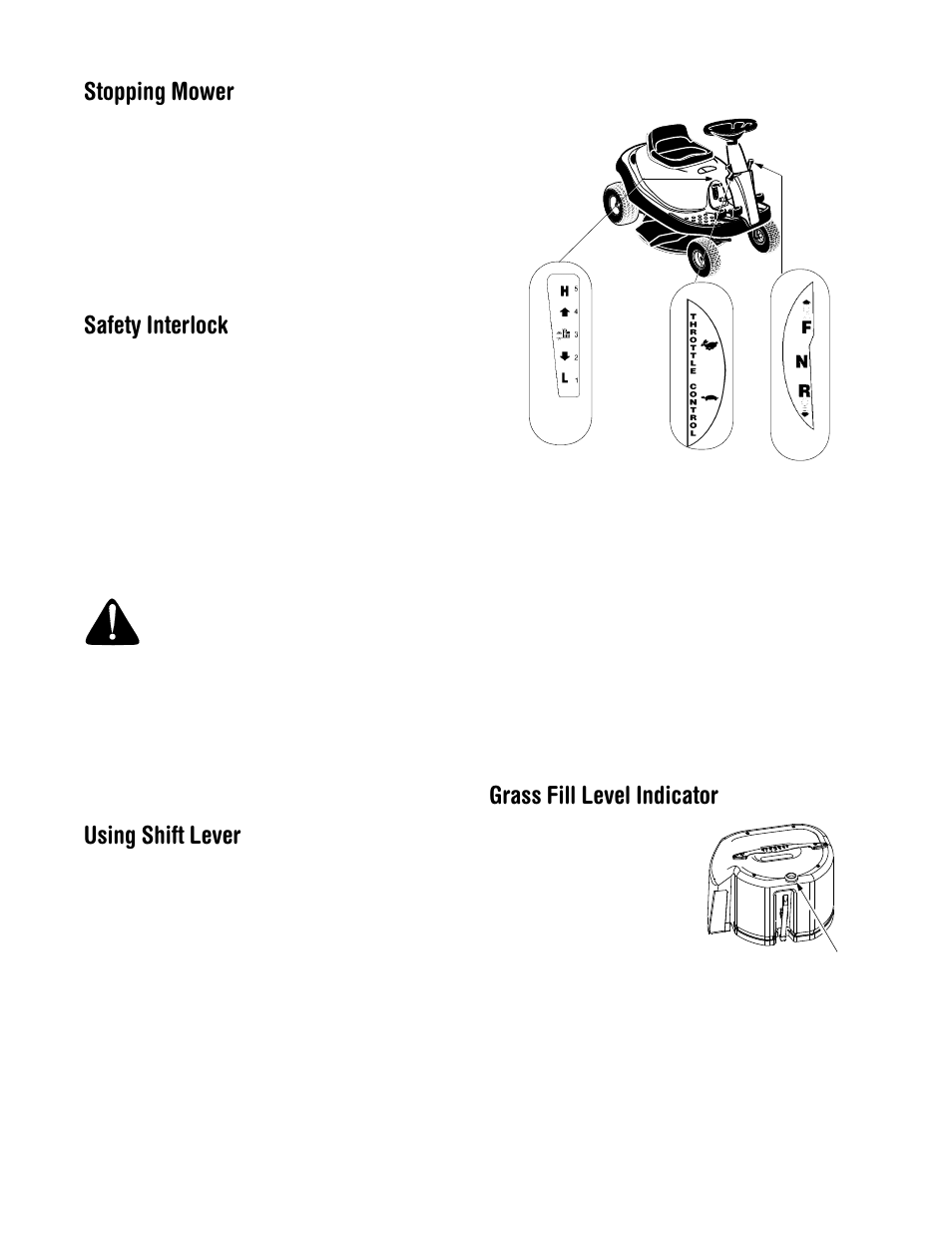 Stopping mower, Safety interlock, Using shift lever | Grass fill level indicator | Troy-Bilt 13A-344-563 User Manual | Page 11 / 21