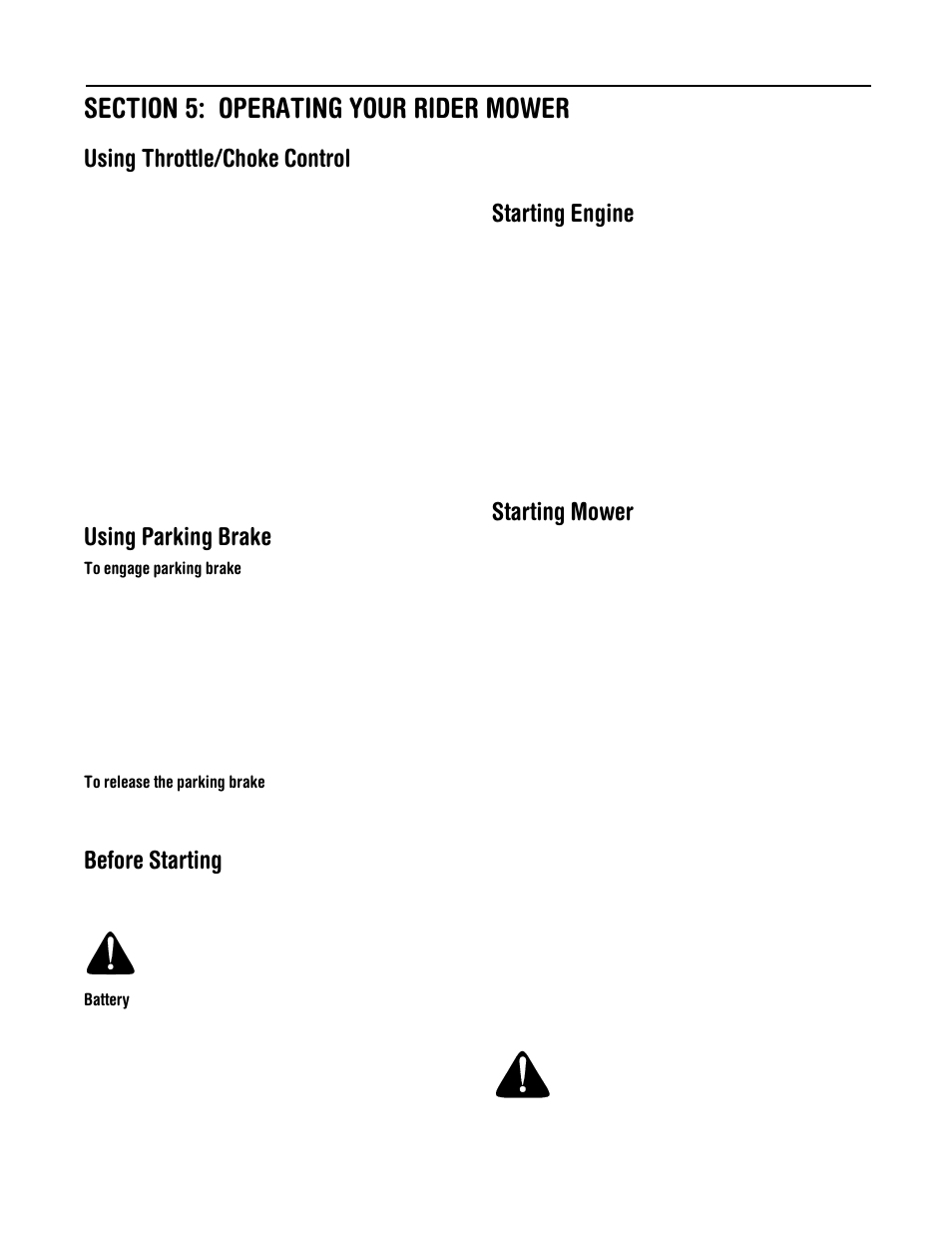 Using throttle/choke control, Using parking brake, Before starting | Starting engine, Starting mower | Troy-Bilt 13A-344-563 User Manual | Page 12 / 21