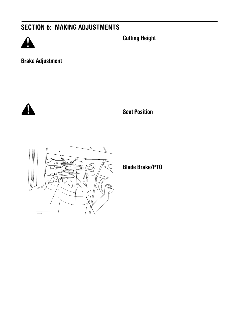 Brake adjustment, Cutting height, Seat position | Blade brake/pto | Troy-Bilt 13A-344-563 User Manual | Page 14 / 21