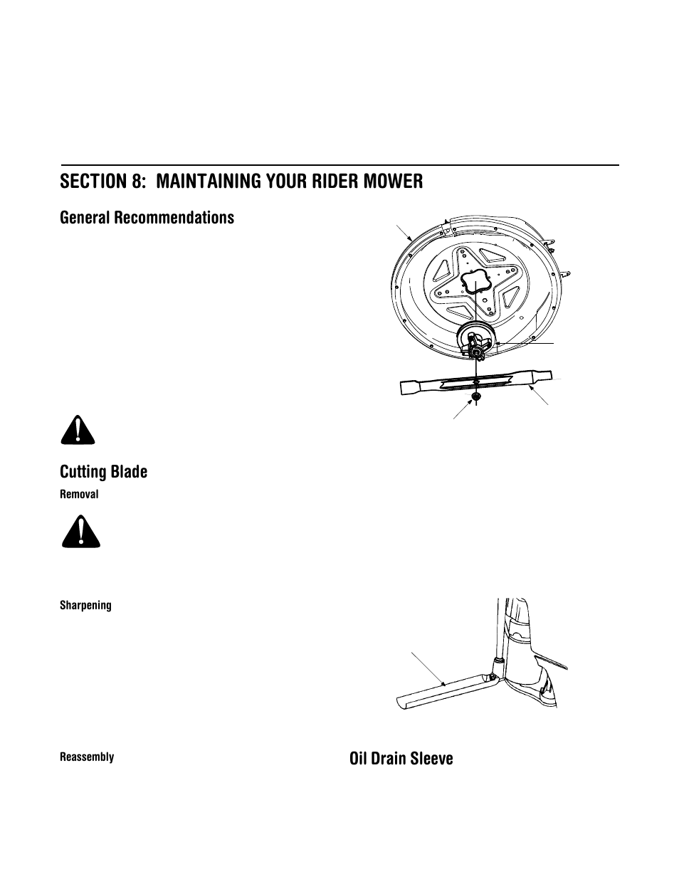 General recommendations, Cutting blade, Oil drain sleeve | Troy-Bilt 13A-344-563 User Manual | Page 18 / 21