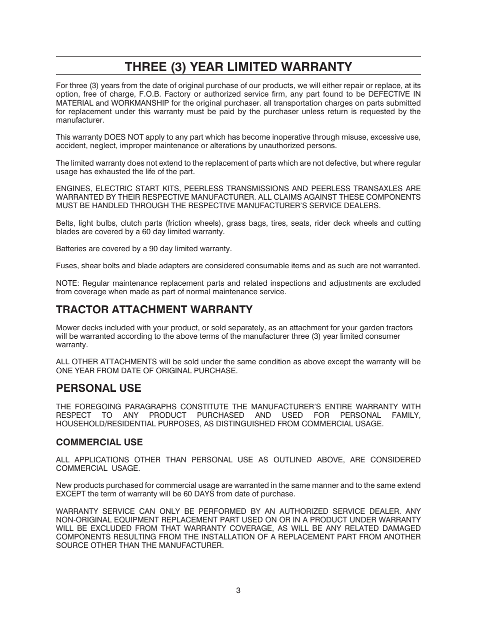 Three (3) year limited warranty, Tractor attachment warranty, Personal use | Troy-Bilt 13A-344-563 User Manual | Page 3 / 21