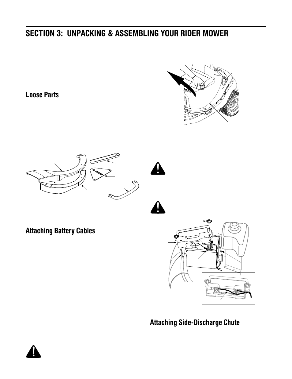 Loose parts, Attaching battery cables, Attaching side-discharge chute | Troy-Bilt 13A-344-563 User Manual | Page 8 / 21