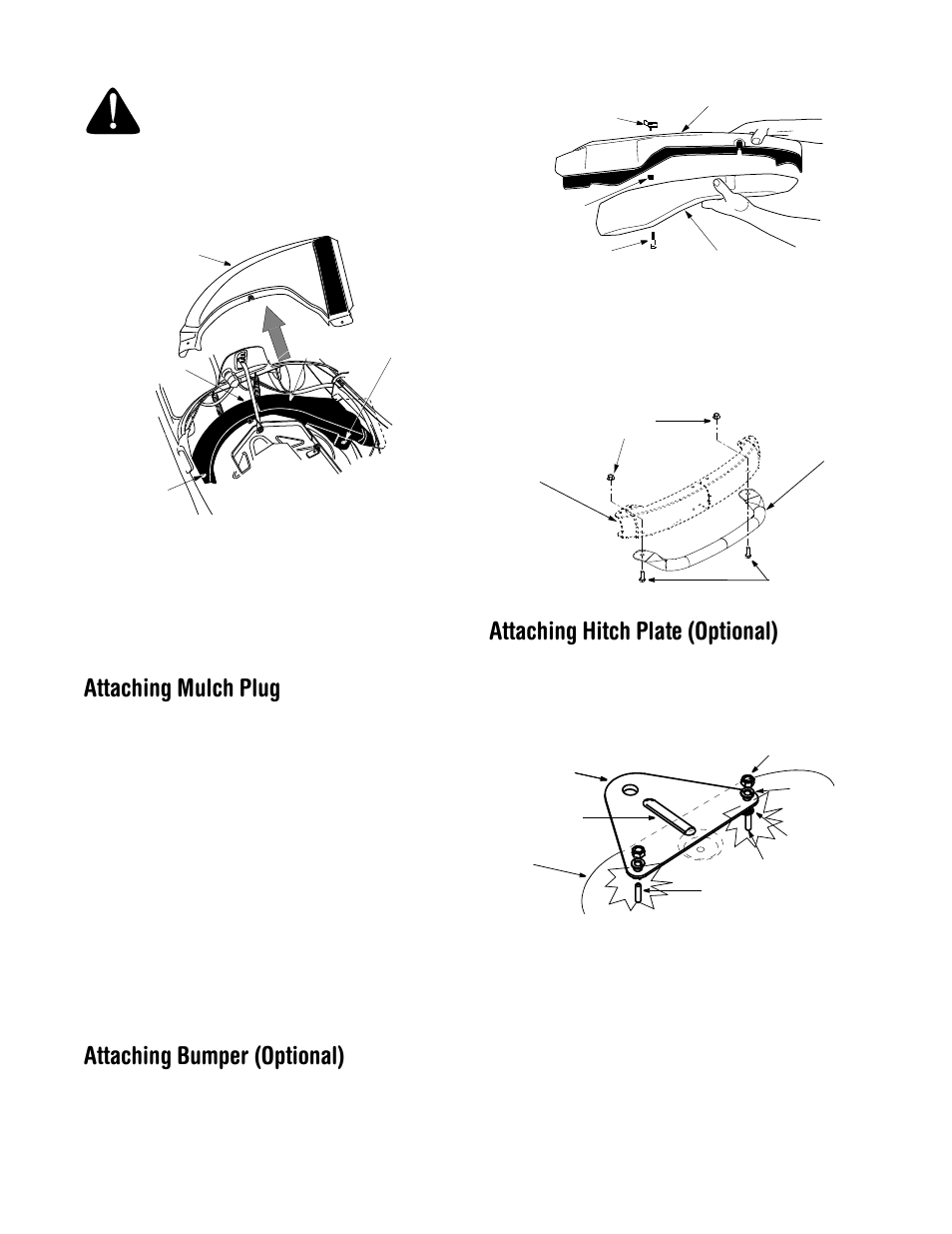 Attaching mulch plug, Attaching bumper (optional), Attaching hitch plate (optional) | Troy-Bilt 13A-344-563 User Manual | Page 9 / 21