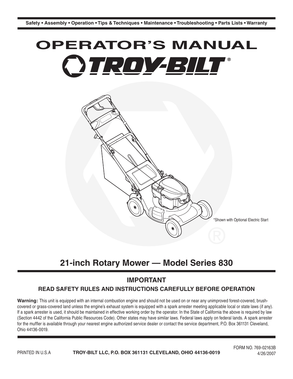 Troy-Bilt 830 User Manual | 20 pages