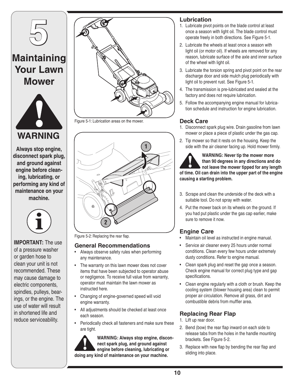 Maintaining your lawn mower, Warning | Troy-Bilt 830 User Manual | Page 10 / 20