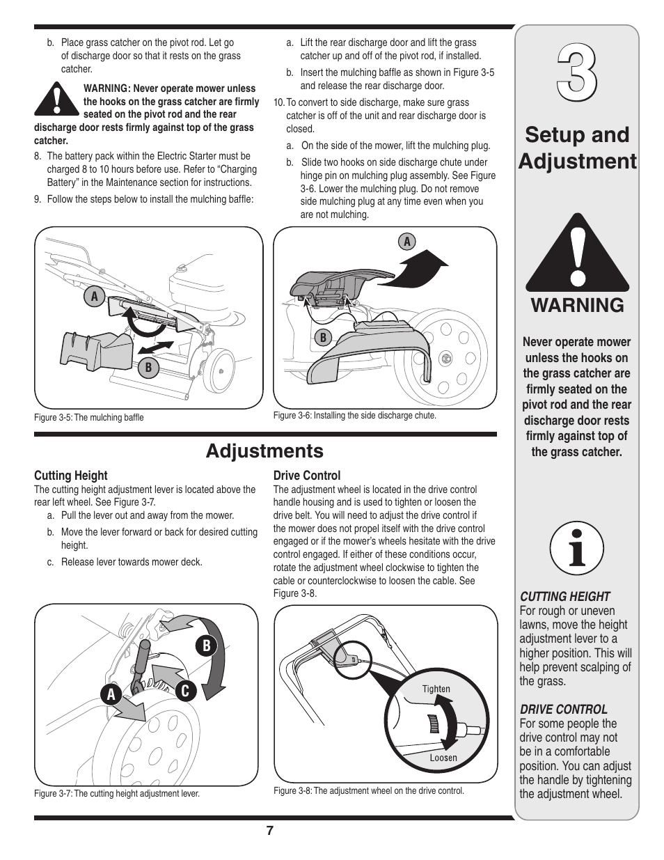 Setup and adjustment, Warning, Adjustments | Troy-Bilt 830 User Manual | Page 7 / 20