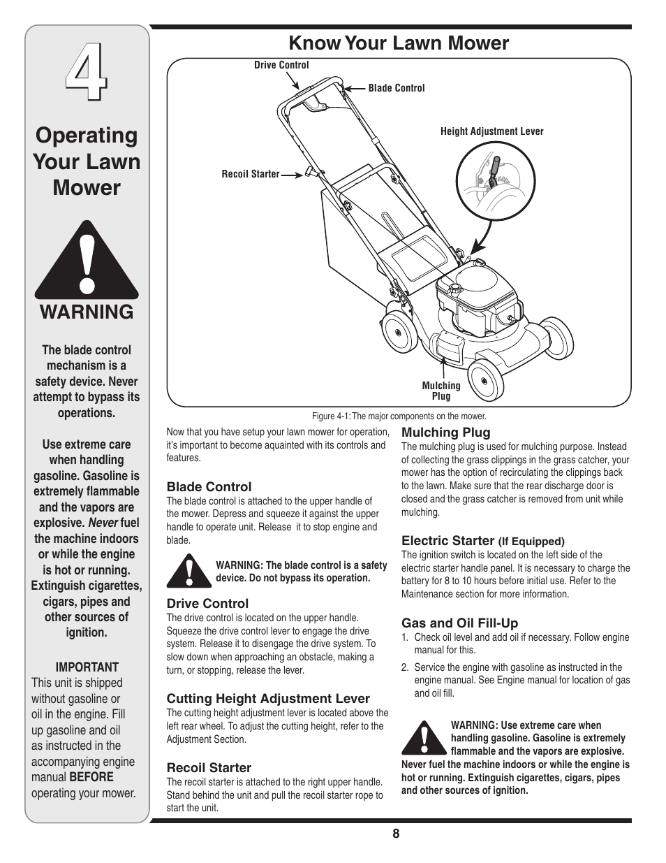 Operating your lawn mower, Warning, Know your lawn mower | Troy-Bilt 830 User Manual | Page 8 / 20