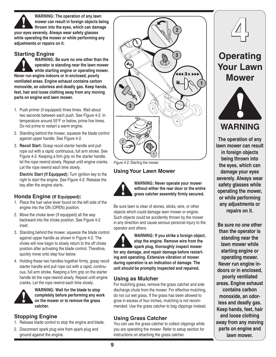 Operating your lawn mower, Warning | Troy-Bilt 830 User Manual | Page 9 / 20