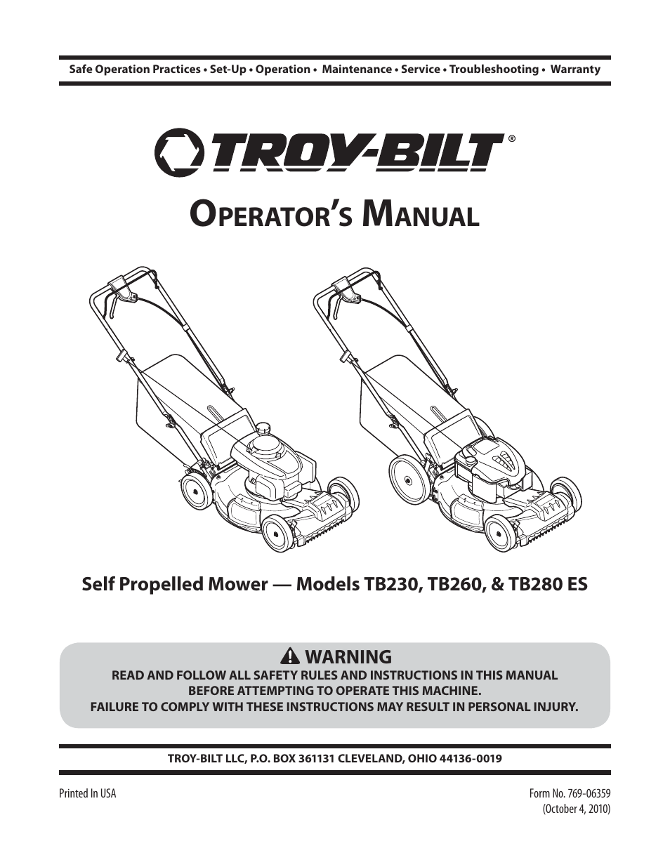 Troy-Bilt TB280 ES User Manual | 52 pages