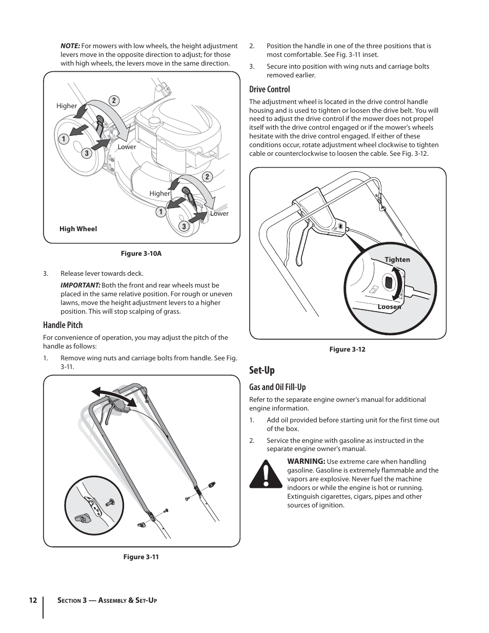 Set-up, Drive control, Gas and oil fill-up | Handle pitch | Troy-Bilt TB280 ES User Manual | Page 12 / 52