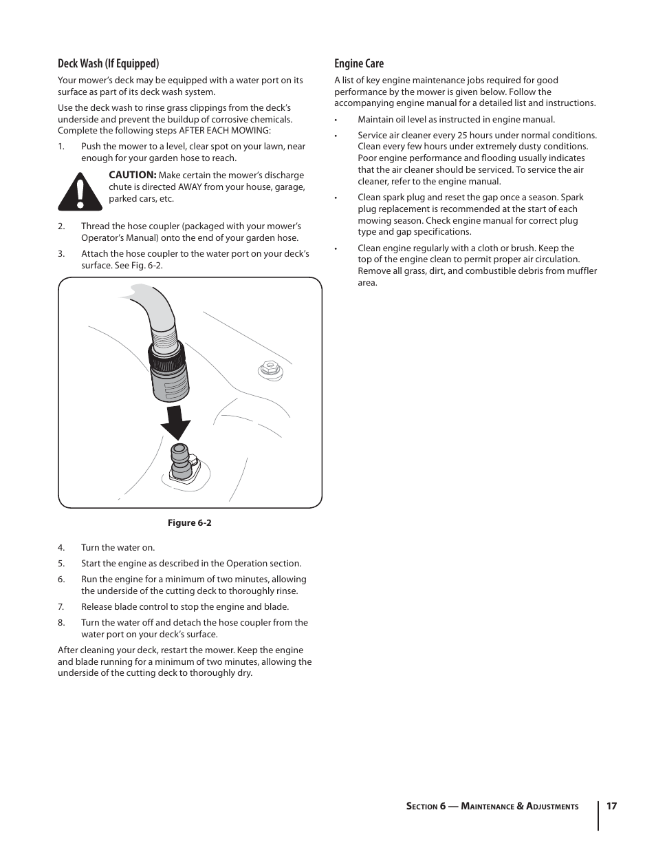 Engine care, Deck wash (if equipped) | Troy-Bilt TB280 ES User Manual | Page 17 / 52