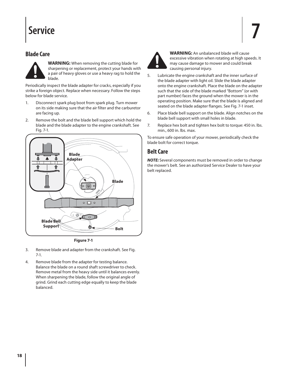 Service, Belt care, Blade care | Troy-Bilt TB280 ES User Manual | Page 18 / 52