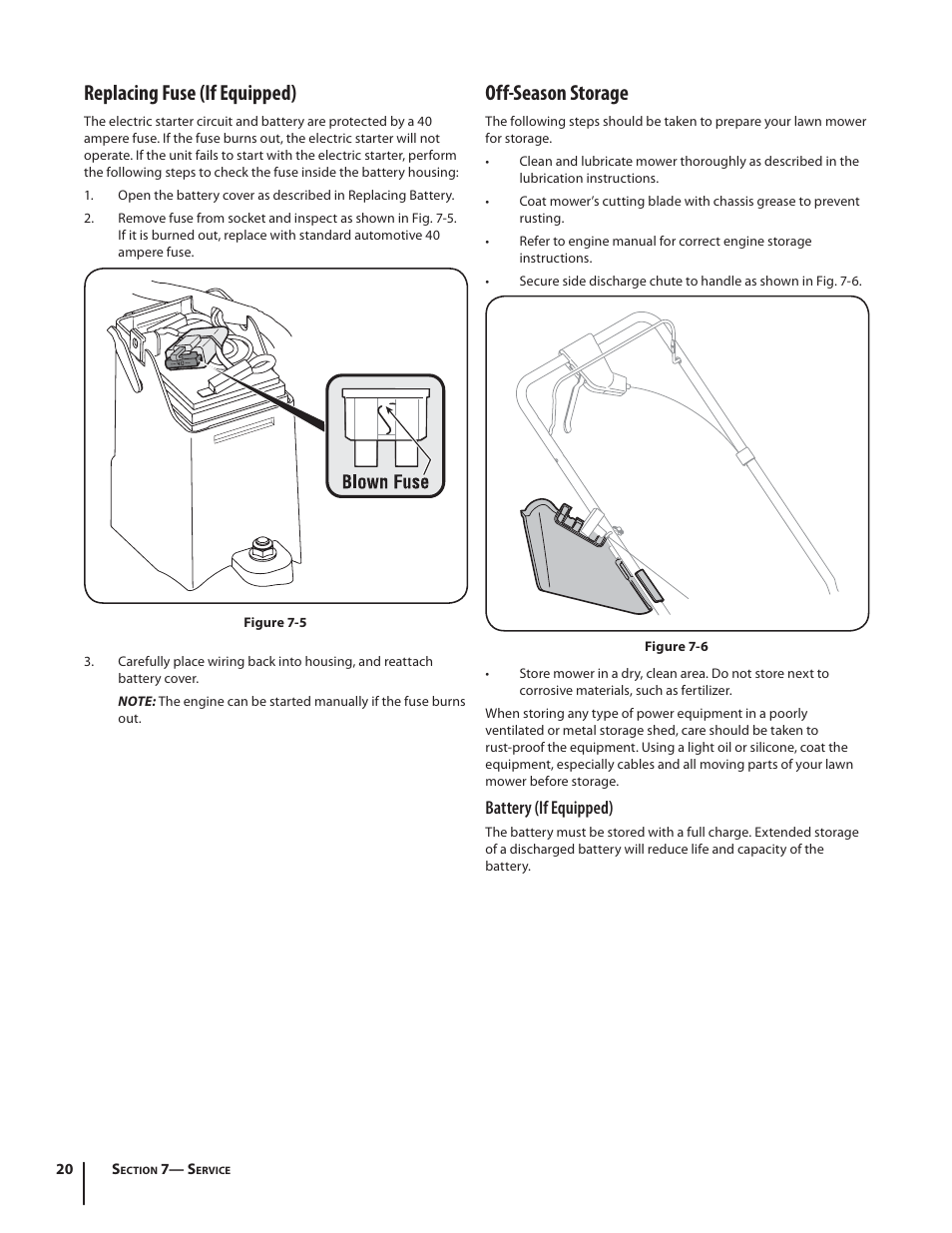 Off-season storage, Replacing fuse (if equipped), Battery (if equipped) | Troy-Bilt TB280 ES User Manual | Page 20 / 52