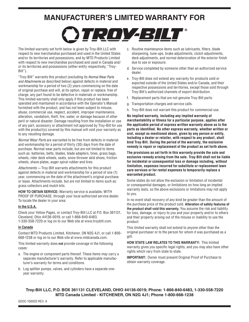 Manufacturer’s limited warranty for | Troy-Bilt TB280 ES User Manual | Page 26 / 52