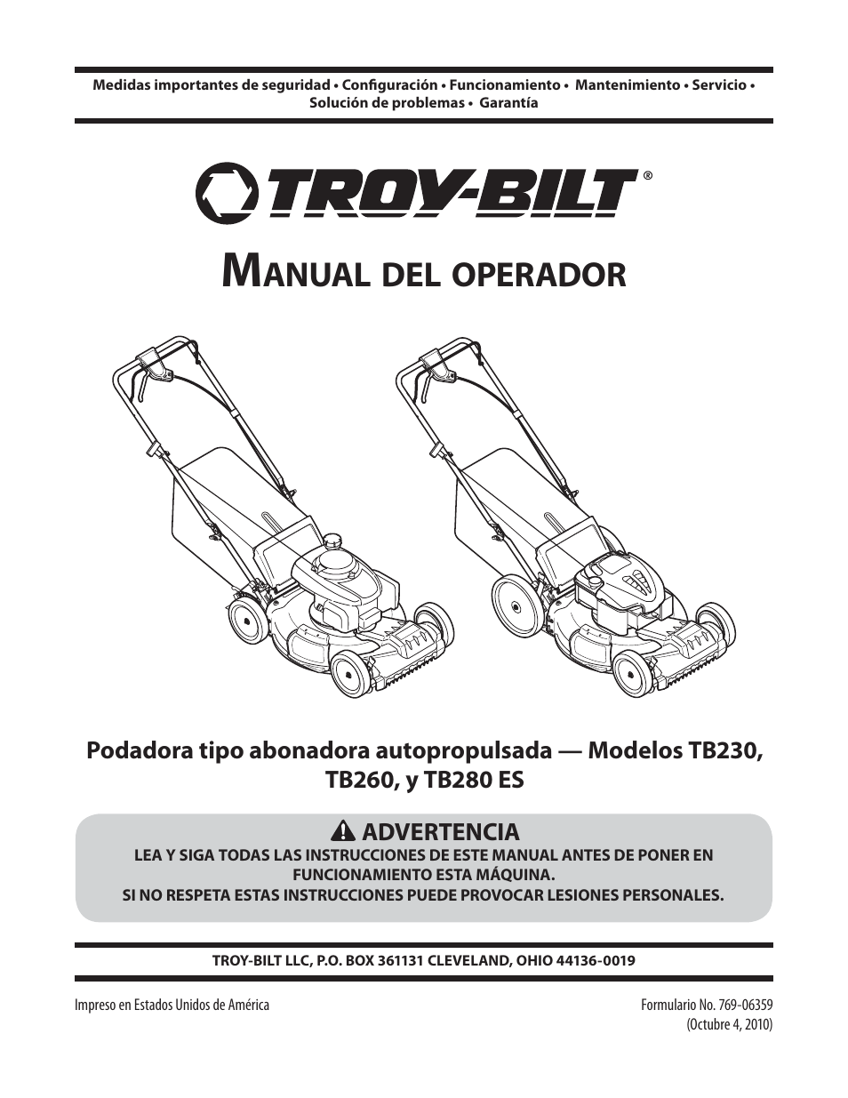 Anual, Operador | Troy-Bilt TB280 ES User Manual | Page 27 / 52