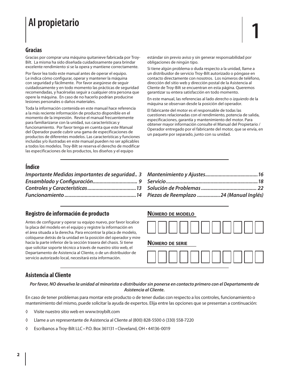 Al propietario, Asistencia al cliente, Gracias | Índice n, Registro de información de producto | Troy-Bilt TB280 ES User Manual | Page 28 / 52