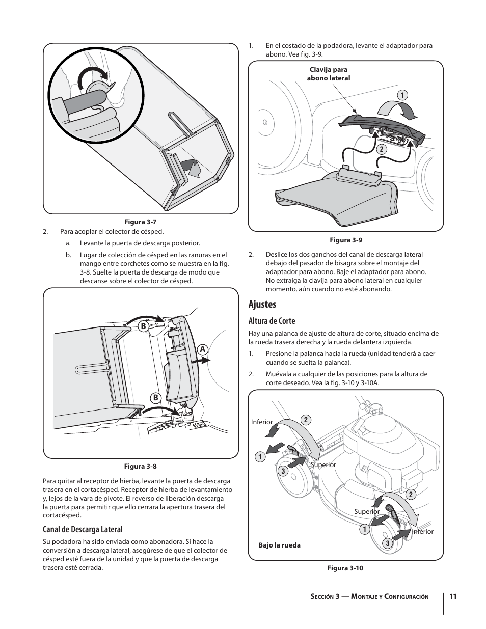 Ajustes, Altura de corte, Canal de descarga lateral | Troy-Bilt TB280 ES User Manual | Page 37 / 52