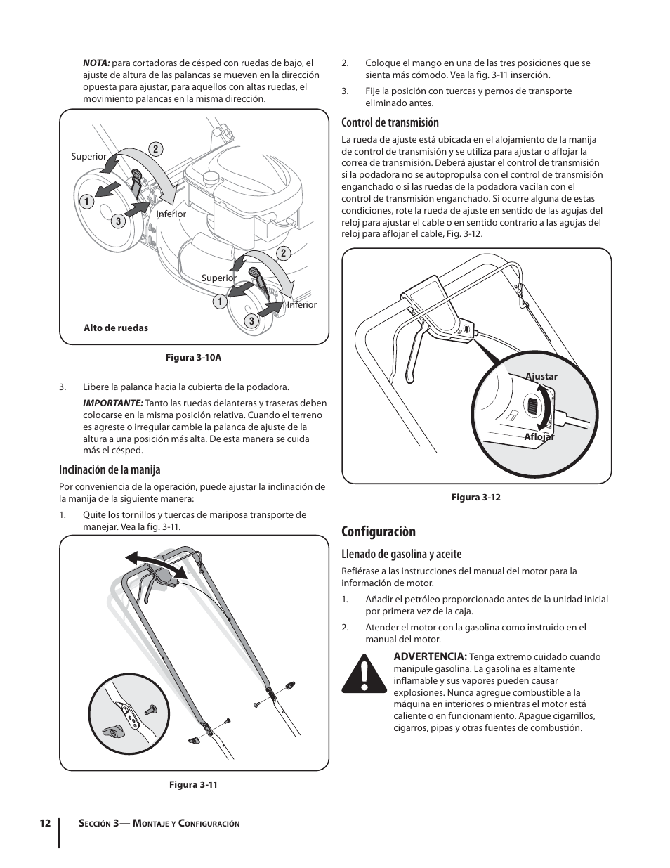 Configuraciòn, Control de transmisión, Llenado de gasolina y aceite | Inclinación de la manija | Troy-Bilt TB280 ES User Manual | Page 38 / 52