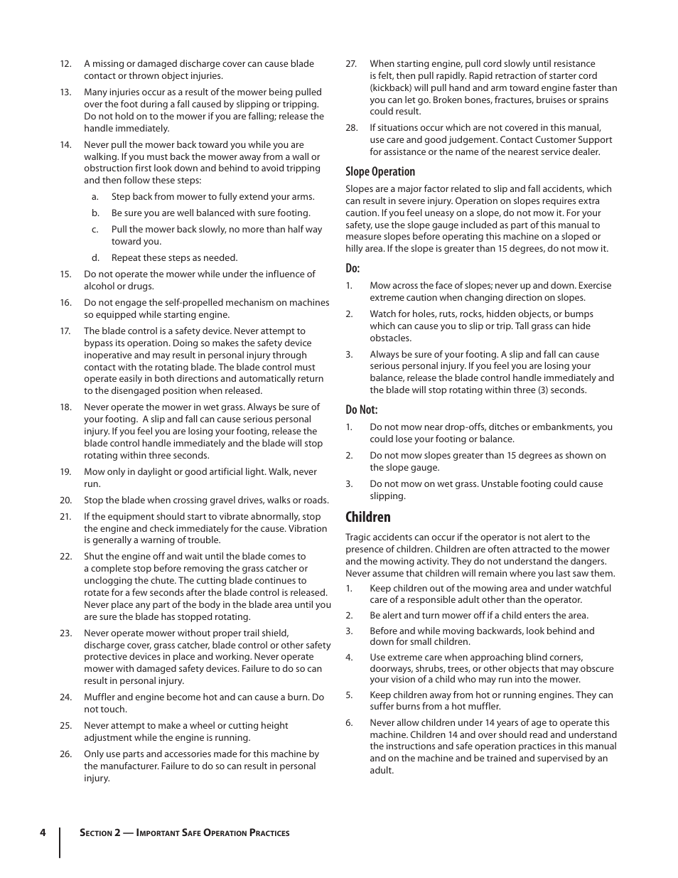Children, Slope operation, Do not | Troy-Bilt TB280 ES User Manual | Page 4 / 52