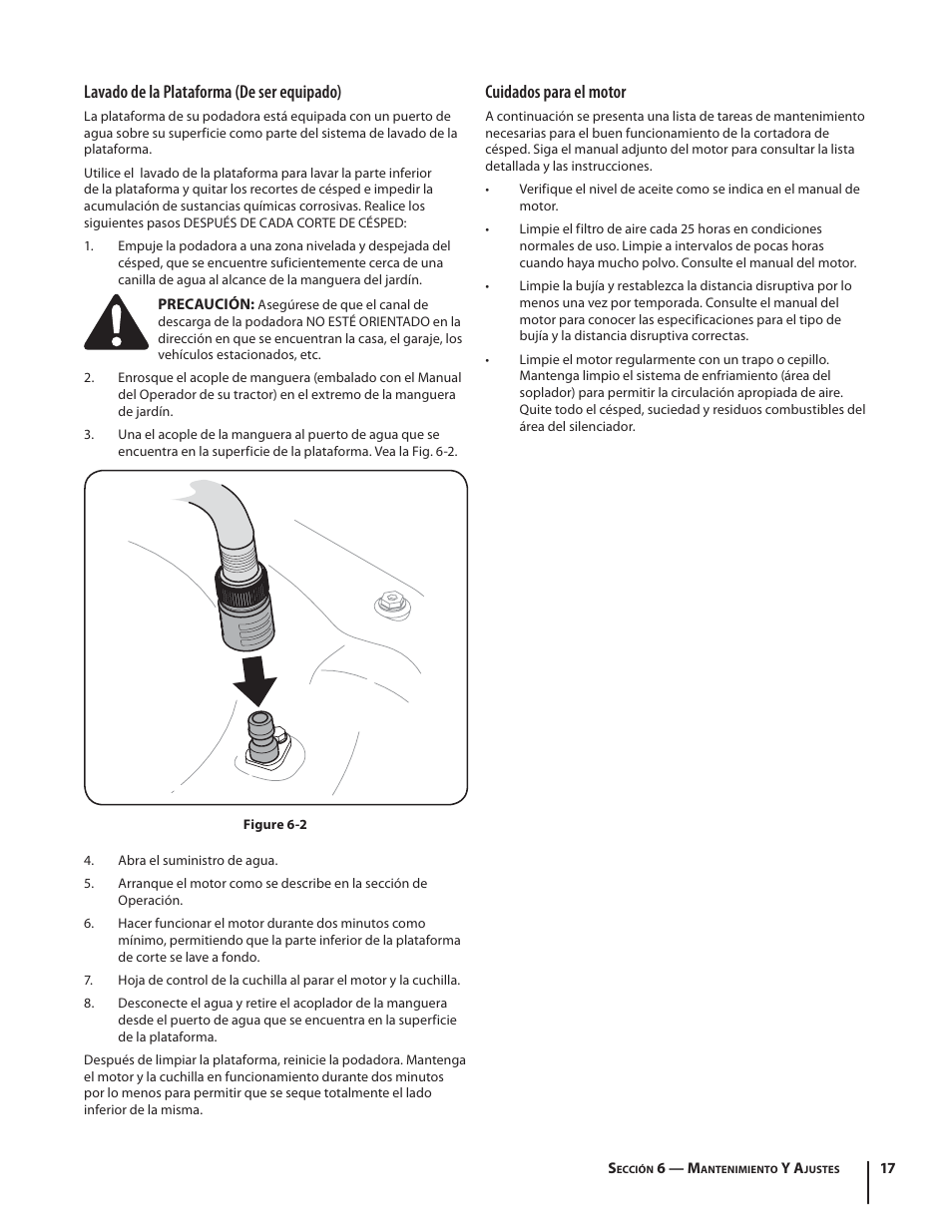 Cuidados para el motor, Lavado de la plataforma (de ser equipado) | Troy-Bilt TB280 ES User Manual | Page 43 / 52