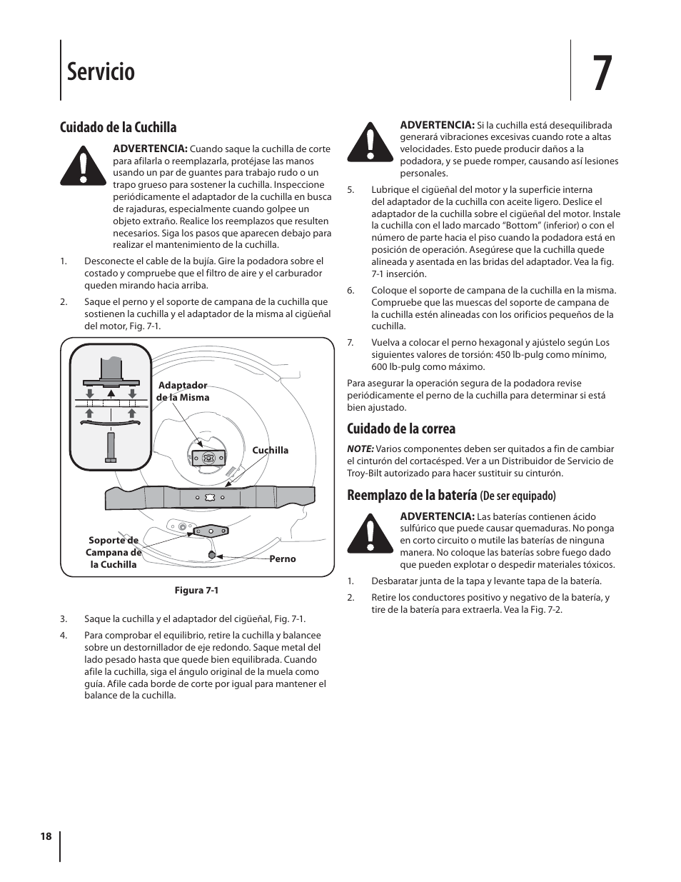 Servicio, Cuidado de la correa, Reemplazo de la batería | Cuidado de la cuchilla | Troy-Bilt TB280 ES User Manual | Page 44 / 52