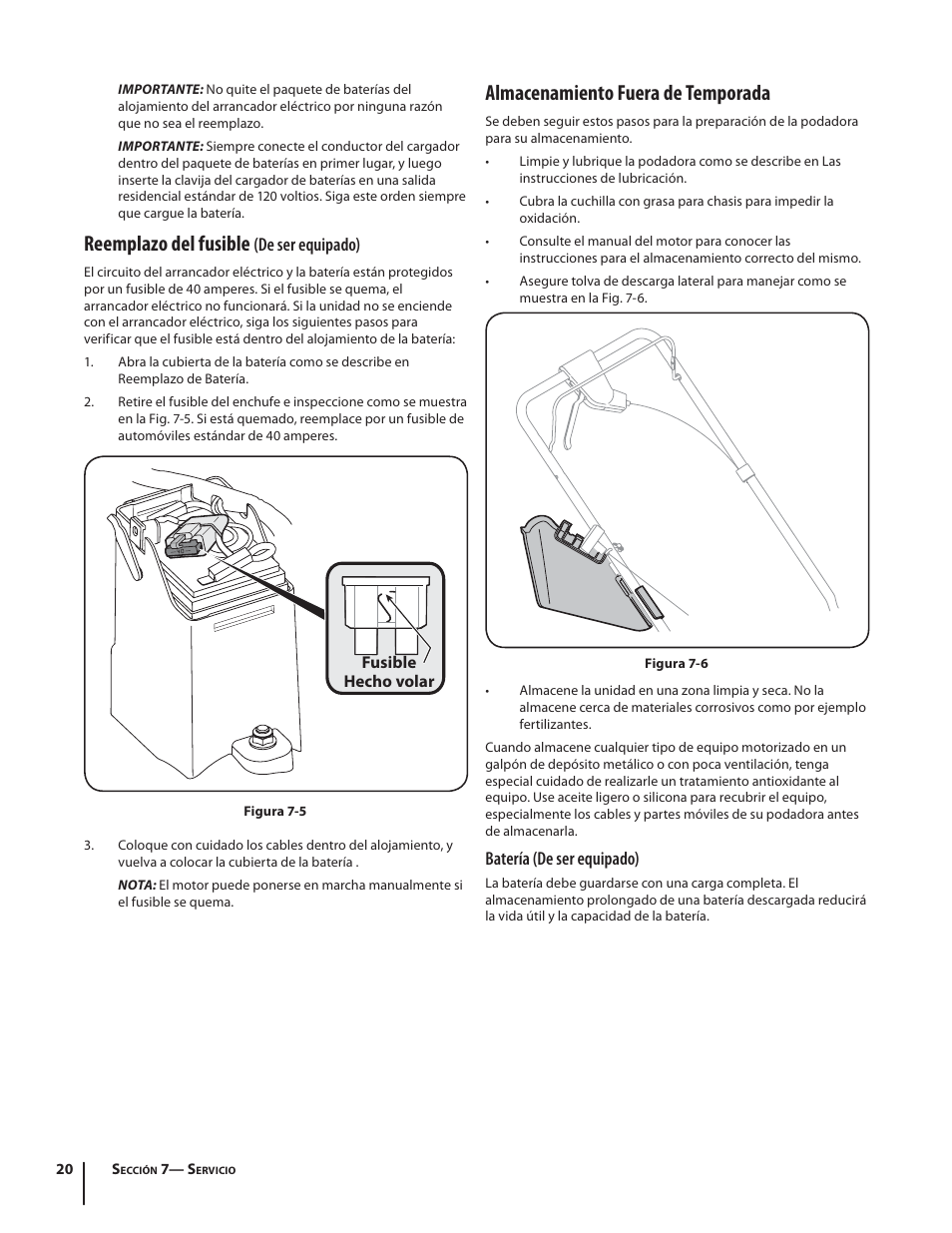 Reemplazo del fusible, Almacenamiento fuera de temporada | Troy-Bilt TB280 ES User Manual | Page 46 / 52