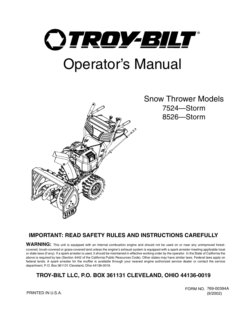 Troy-Bilt 7524 User Manual | 28 pages