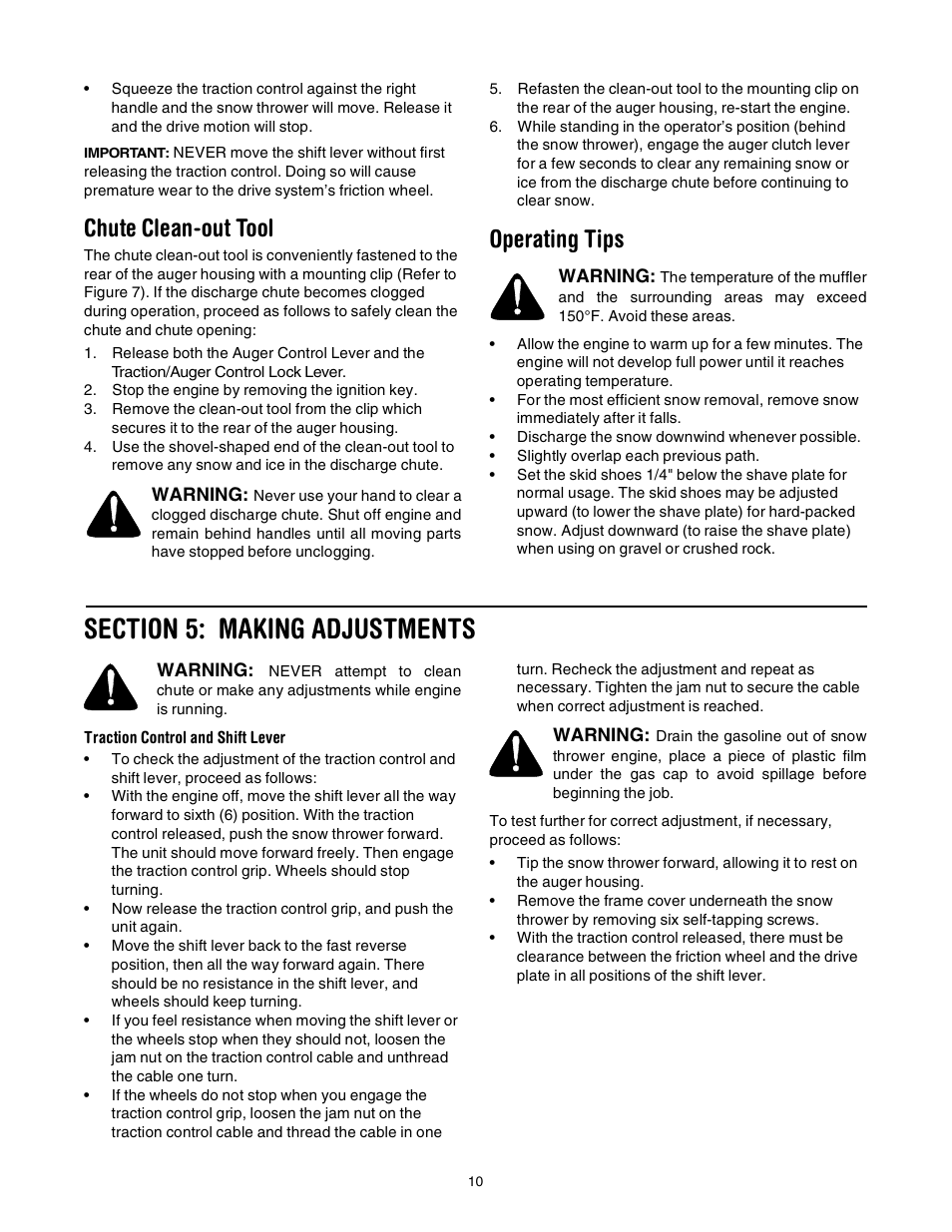 Chute clean-out tool, Operating tips | Troy-Bilt 7524 User Manual | Page 10 / 28